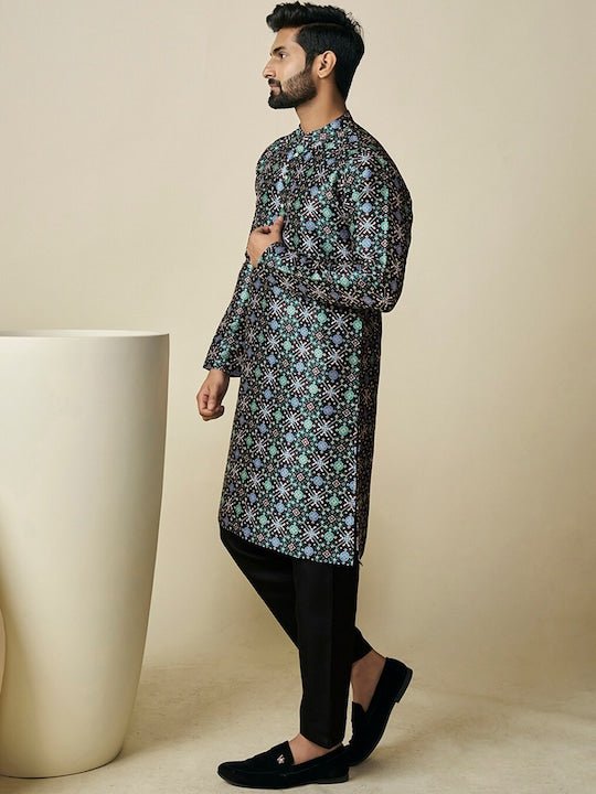 Geometric Woven Design Mandarin Collar Regular Kurta - Inddus.com