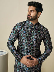 Geometric Woven Design Mandarin Collar Regular Kurta - Inddus.com