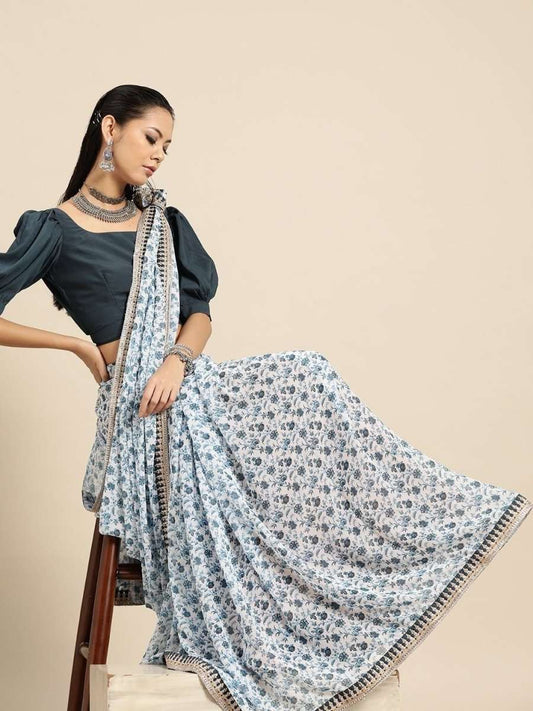Georgette Blue Printed Saree - inddus-us