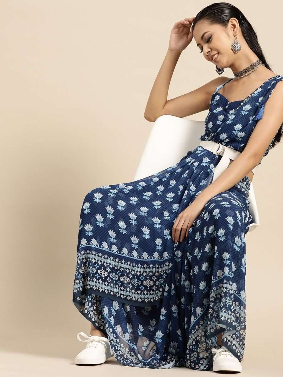 Georgette Blue Printed Saree - inddus-us