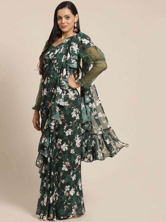 Georgette Green Ruffle Saree - inddus-us
