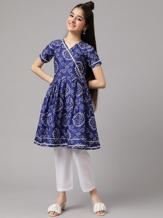 Girls Bandhani Printed Angrakha A-Line Kurta with Trousers - Inddus.com