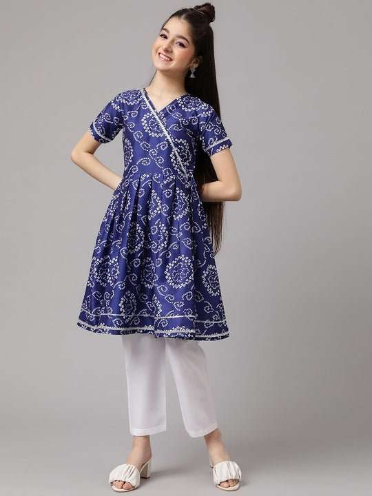 Girls Bandhani Printed Angrakha A-Line Kurta with Trousers - Inddus.com