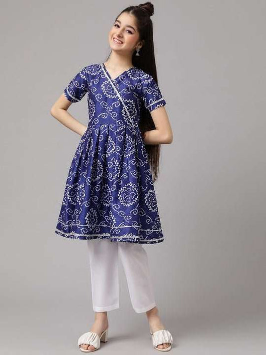 Girls Bandhani Printed Angrakha A-Line Kurta with Trousers - Inddus.com