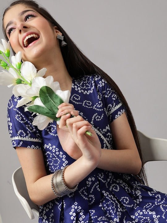 Girls Bandhani Printed Angrakha A-Line Kurta with Trousers - Inddus.com