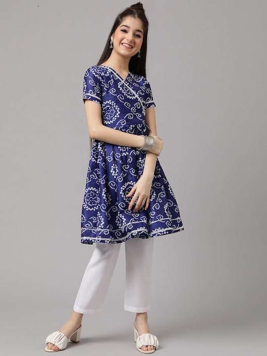 Girls Bandhani Printed Angrakha A-Line Kurta with Trousers - Inddus.com