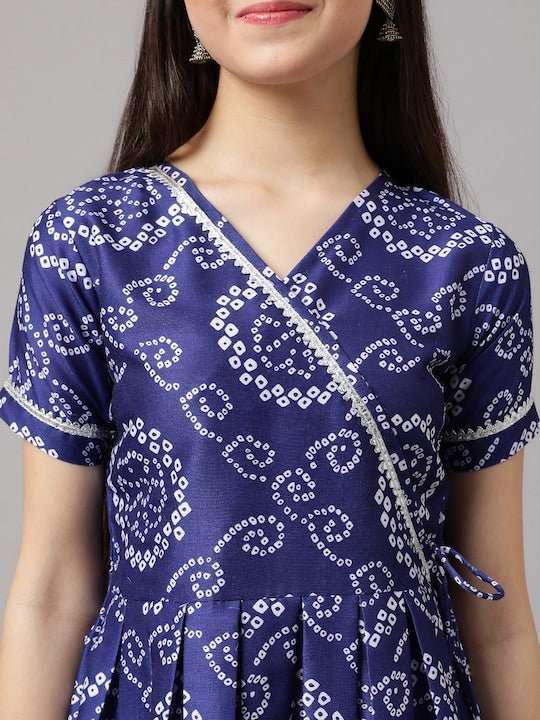 Girls Bandhani Printed Angrakha A-Line Kurta with Trousers - Inddus.com
