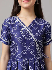 Girls Bandhani Printed Angrakha A-Line Kurta with Trousers - Inddus.com