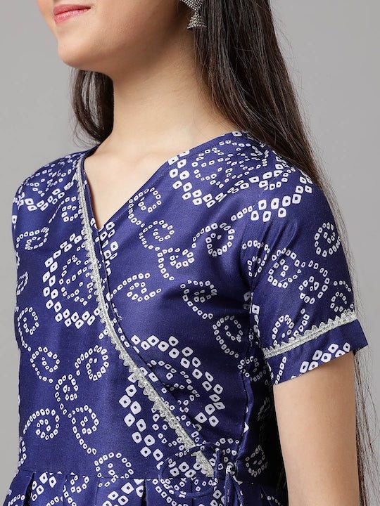 Girls Bandhani Printed Angrakha A-Line Kurta with Trousers - Inddus.com