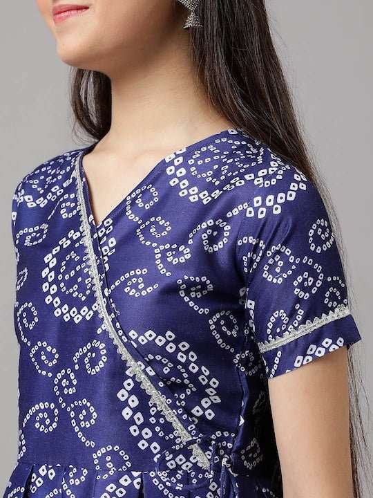 Girls Bandhani Printed Angrakha A-Line Kurta with Trousers - Inddus.com