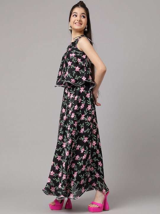 Girls Black Floral Printed Ready to Wear Lehenga & Choli - Inddus.com