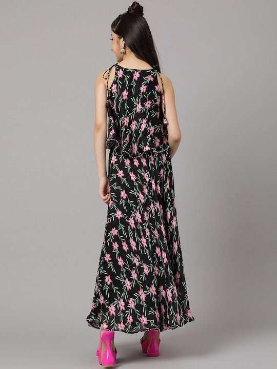 Girls Black Floral Printed Ready to Wear Lehenga & Choli - Inddus.com