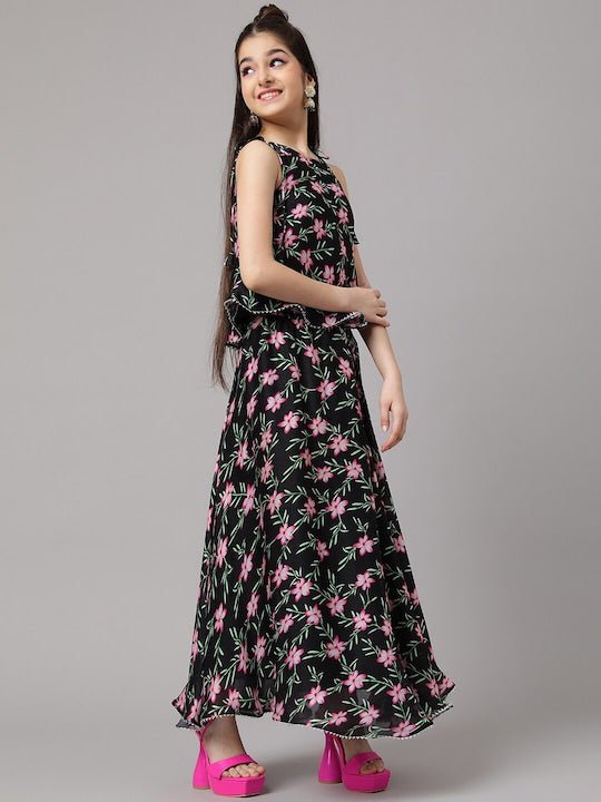 Girls Black Floral Printed Ready to Wear Lehenga & Choli - Inddus.com