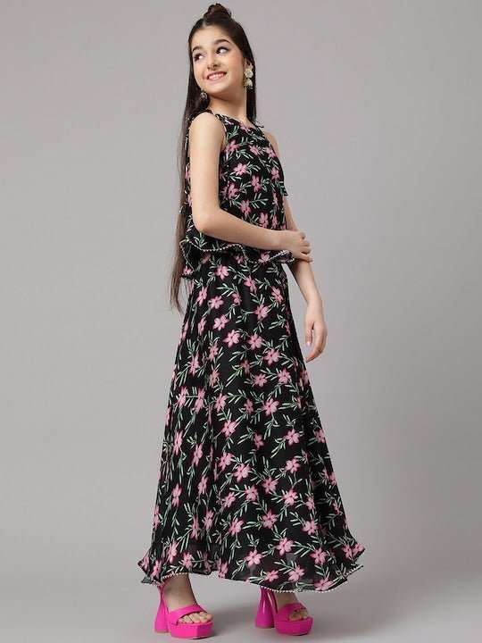 Girls Black Floral Printed Ready to Wear Lehenga & Choli - Inddus.com
