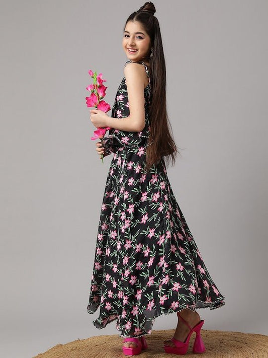 Girls Black Floral Printed Ready to Wear Lehenga & Choli - Inddus.com