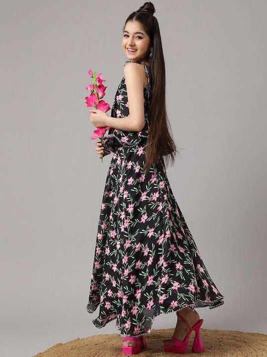 Girls Black Floral Printed Ready to Wear Lehenga & Choli - Inddus.com