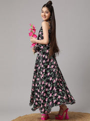 Girls Black Floral Printed Ready to Wear Lehenga & Choli - Inddus.com