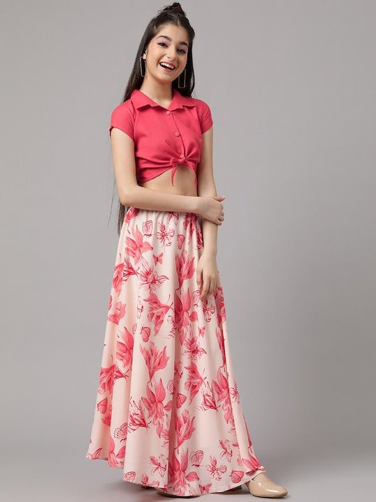 Girls Peach-Coloured & Cream-Coloured Ready to Wear Lehenga & Choli - Inddus.com