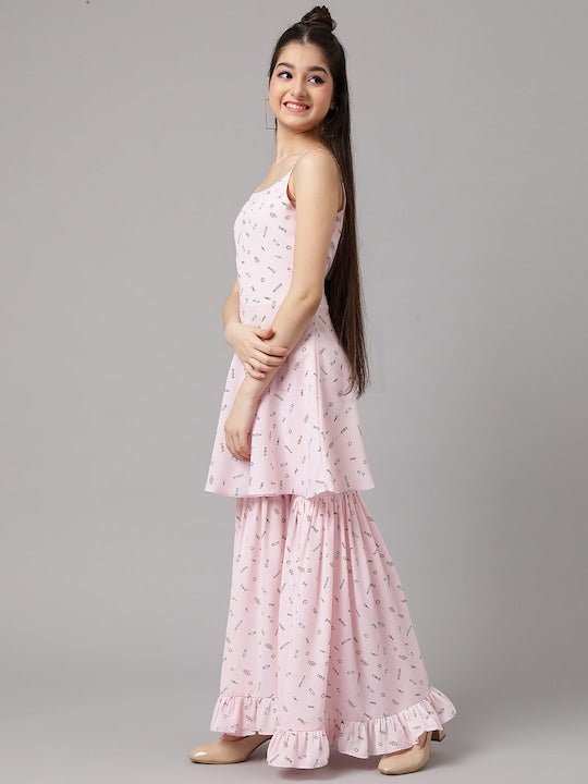 Girls Quirkey Printed Shoulder Strap A-Line Kurta with Sharara - Inddus.com