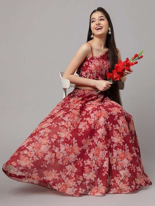 Girls Red & Peach-Coloured Floral Printed Ready to Wear Lehenga & Choli - Inddus.com