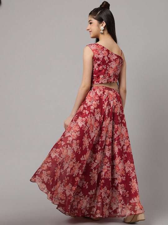 Girls Red & Peach-Coloured Floral Printed Ready to Wear Lehenga & Choli - Inddus.com