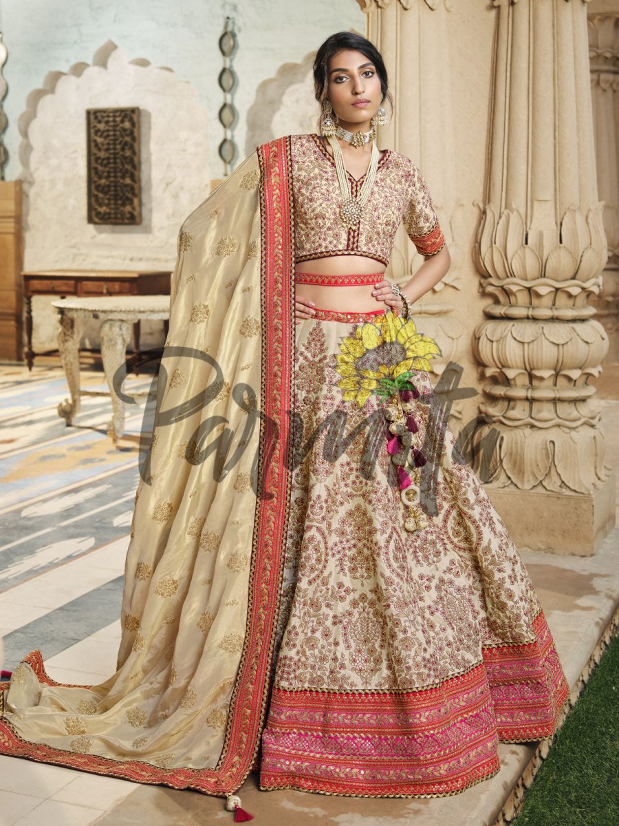Gold And Red Hand Embroidered Lehenga Choli Set - Inddus.com