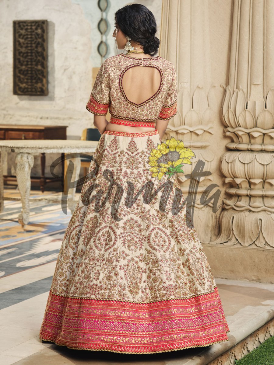 Gold And Red Hand Embroidered Lehenga Choli Set - Inddus.com