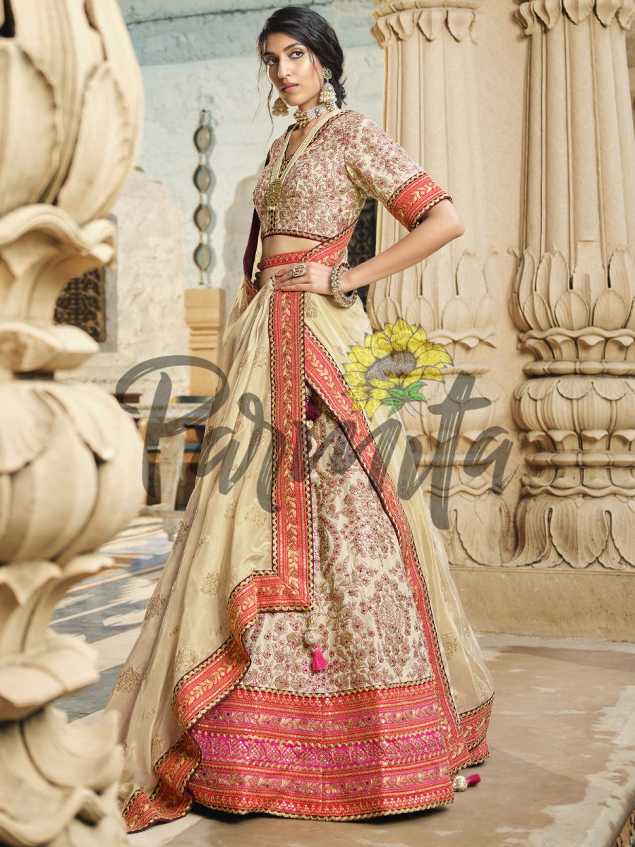 Gold And Red Hand Embroidered Lehenga Choli Set - Inddus.com