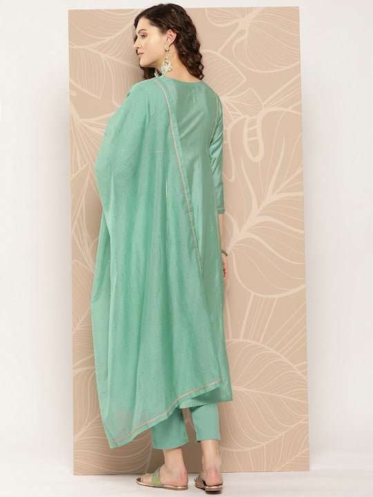 Gotta Patti Chanderi Cotton Kurta with Trousers & With Dupatta - Inddus.com