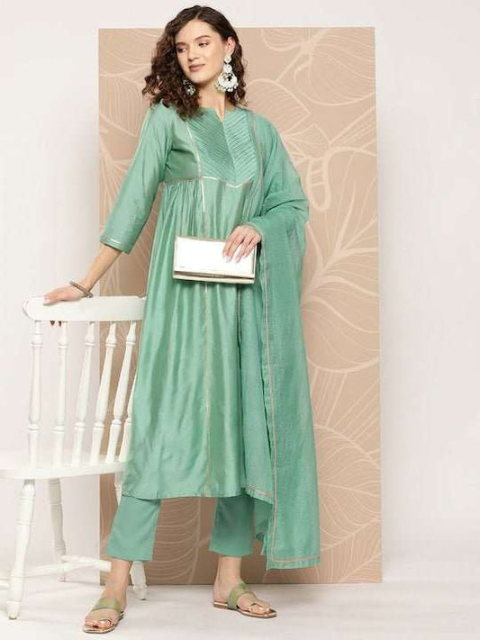 Gotta Patti Chanderi Cotton Kurta with Trousers & With Dupatta - Inddus.com
