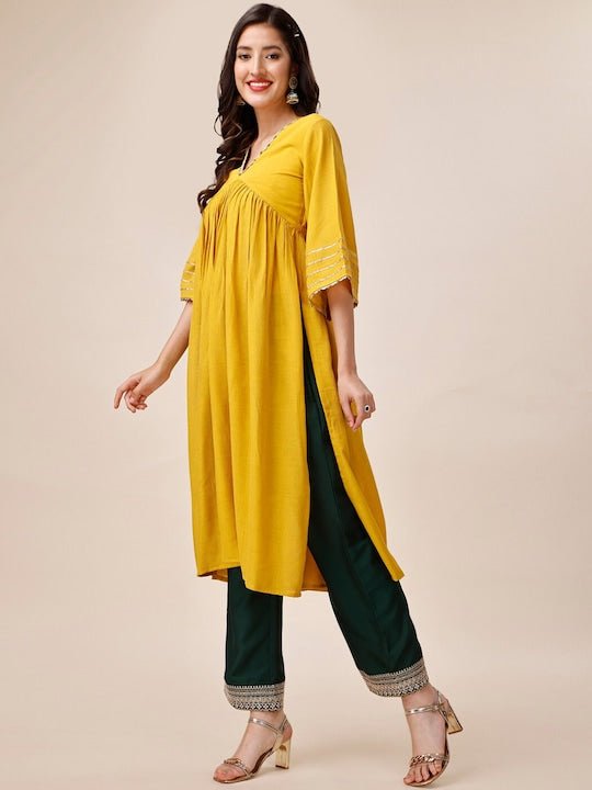 Gotta Patti Detailed V-Neck Flared Sleeves Pure Silk Kurta with Palazzos - Inddus.com