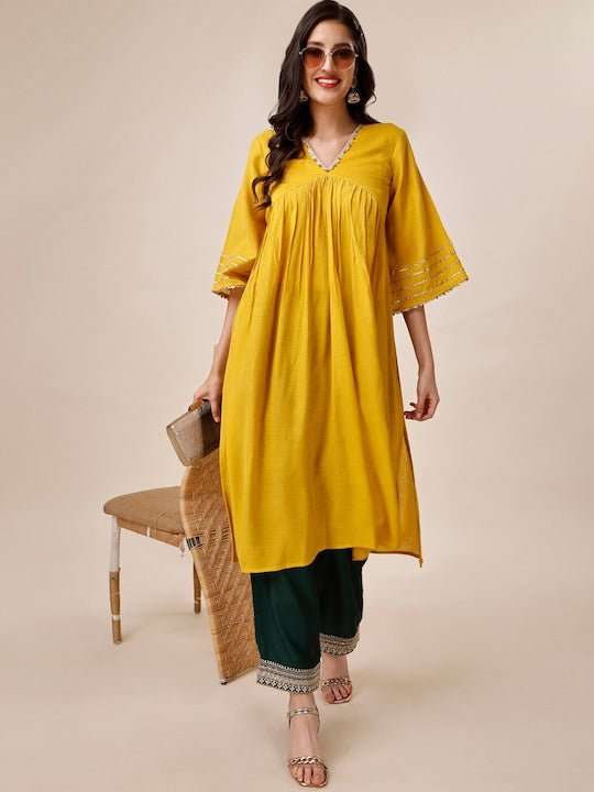Gotta Patti Detailed V-Neck Flared Sleeves Pure Silk Kurta with Palazzos - Inddus.com