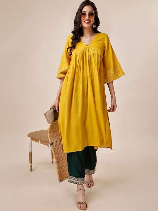 Gotta Patti Detailed V-Neck Flared Sleeves Pure Silk Kurta with Palazzos - Inddus.com