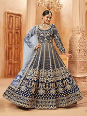 Gratifying Navy Blue Art Silk Wedding Gown - Inddus.com