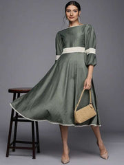 Green A-Line Midi Dress - Inddus.com