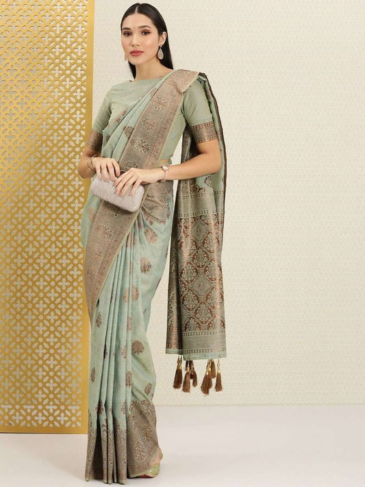Green and Bronze Ethnic Motifs Embellished Zari Woven Saree - Inddus.com