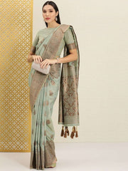 Green and Bronze Ethnic Motifs Embellished Zari Woven Saree - Inddus.com