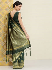 Green and Gold Ethnic Motifs Zari Woven Traditional Saree - Inddus.com