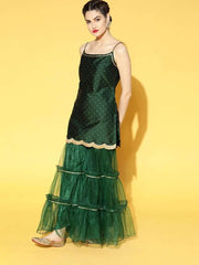 Green and Gold Woven Gotta Patti Kurta with Sharara and Net Dupatta - Inddus.com