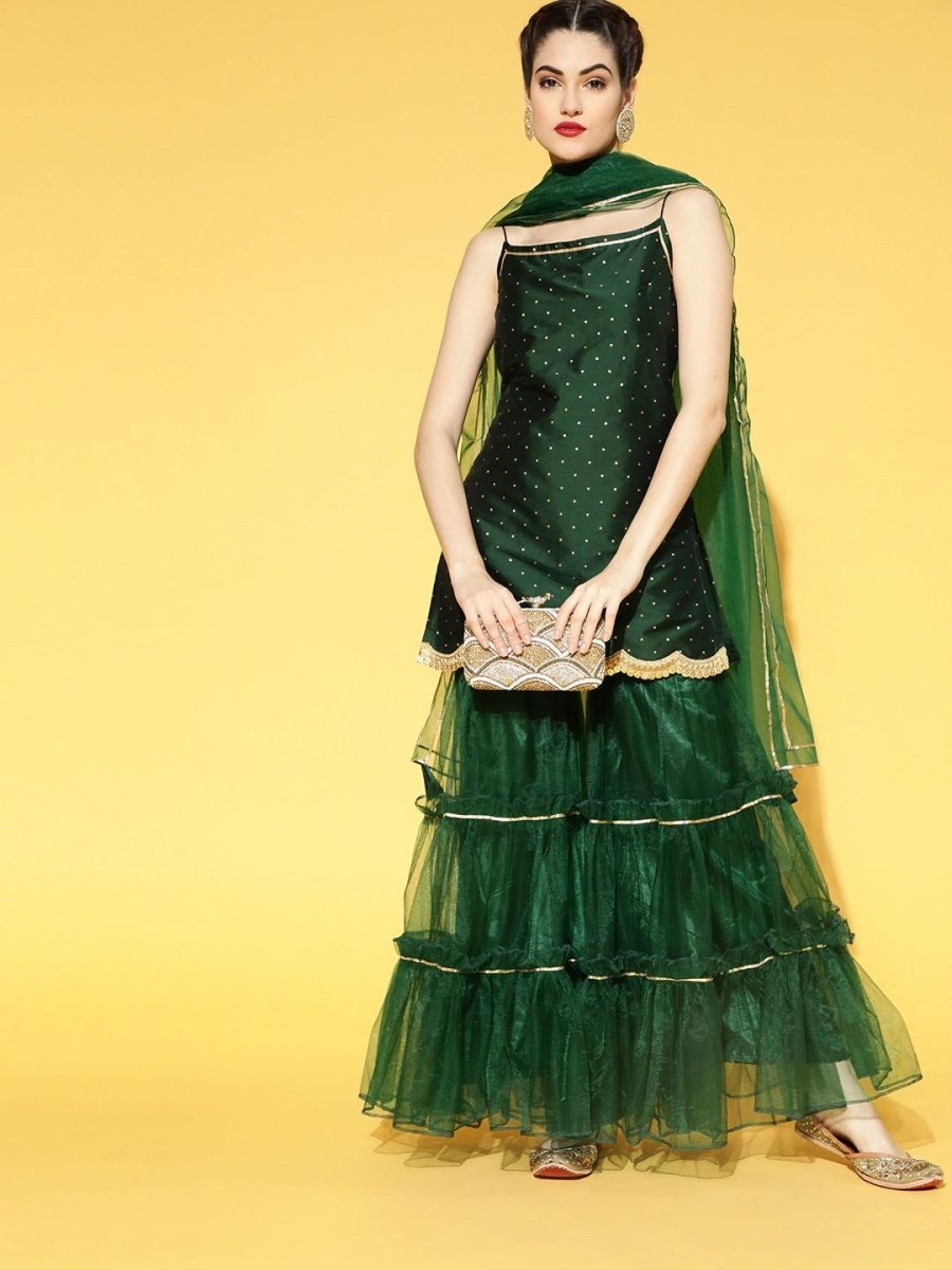 Green and Gold Woven Gotta Patti Kurta with Sharara and Net Dupatta - Inddus.com
