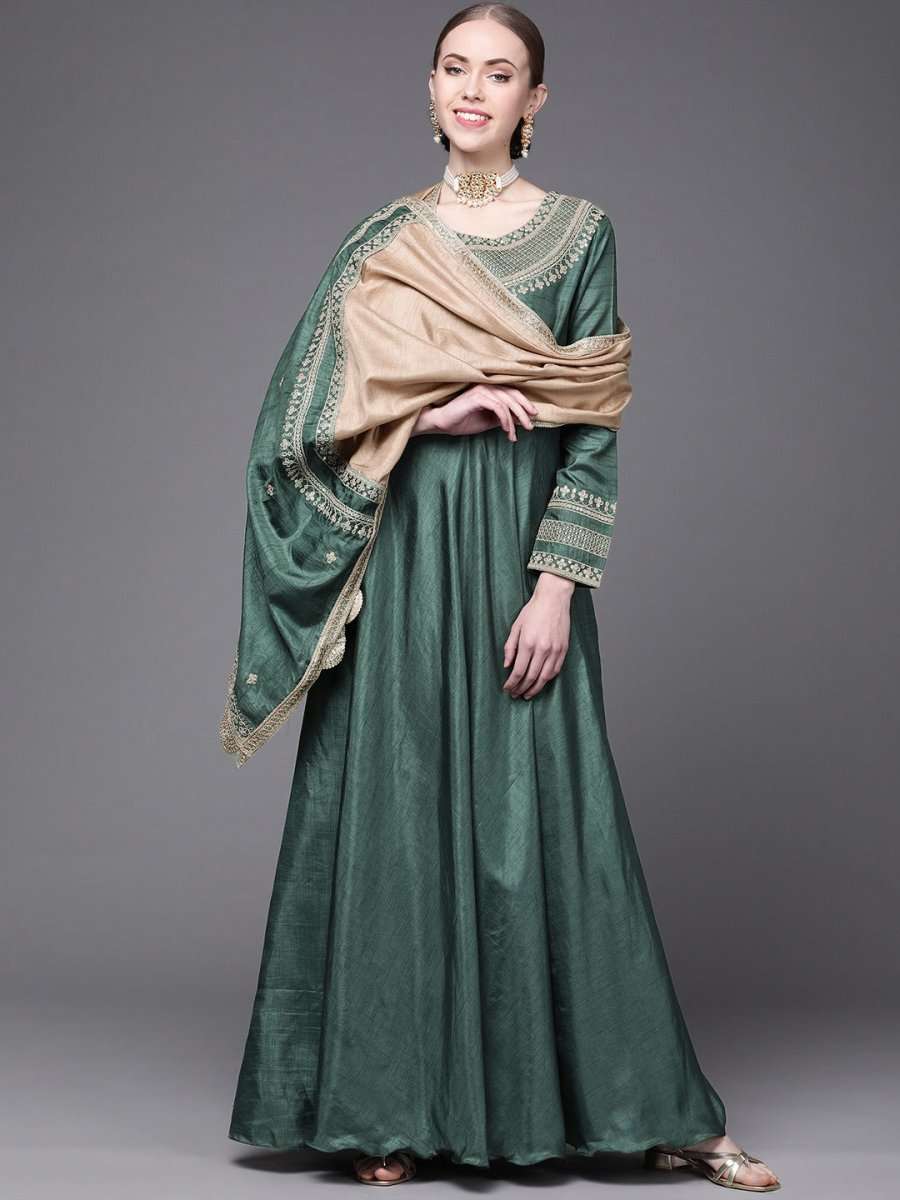 Green and Golden Embroidered Anarkali Kurta with Dupatta - Inddus.com