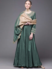 Green and Golden Embroidered Anarkali Kurta with Dupatta - Inddus.com
