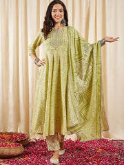 Green Bandhani Printed Panelled Zari Kurta With Trousers & Dupatta - Inddus.com