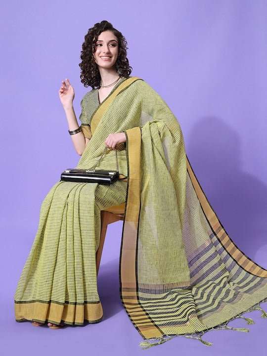 Green & Black Striped Saree - Inddus.com