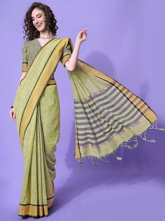 Green & Black Striped Saree - Inddus.com