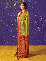 Green Brasso Embroidered Saree - Inddus.com