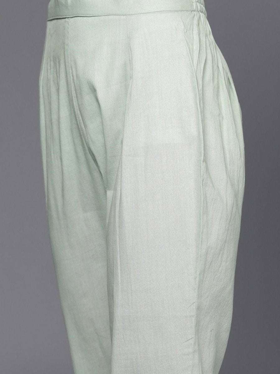 Green Cotton Blend Printed Straight Cut Suit - Inddus.com