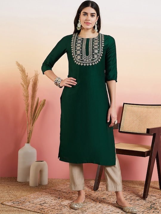 Green Cotton Zari Embroidered Yoke Design Kurta - Inddus.com