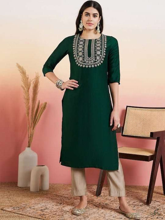 Green Cotton Zari Embroidered Yoke Design Kurta - Inddus.com