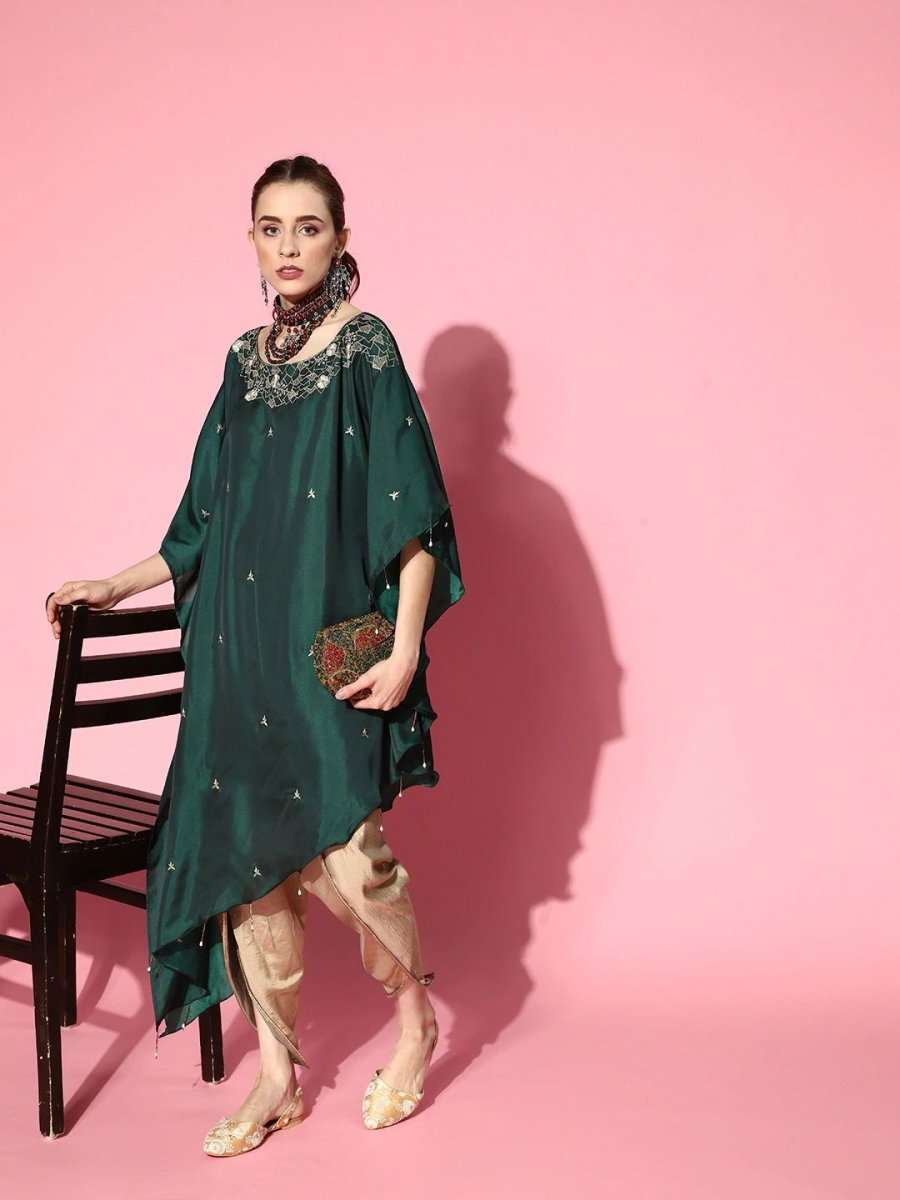 Green Dual Tone Floral Embroidered Kaftan Kurta with Dhoti Pants - Inddus.com